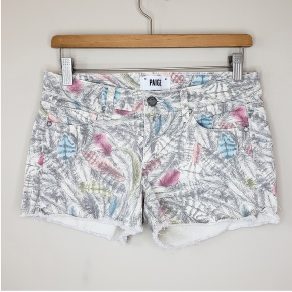 PAIGE Pants - Paige | Feather Print Cut Off Jean Shorts